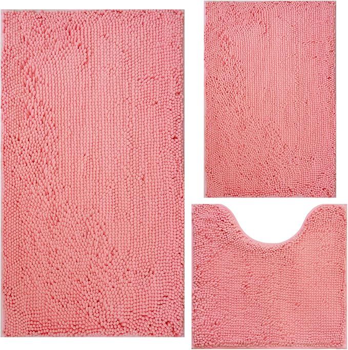 Bathroom Rugs Chenille 3-Piece Extra Soft and Absorbent Shag Bathroom Rugs, Machine Wash Mat, Strong PVC Non-Slip Underside, Plush Carpet Mats (Pink)