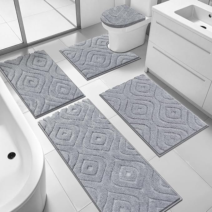 Ileading Bathroom Rugs Sets 5 Piece, Non Slip Washable Bath Mat Set | Absorbent Plush Microfiber Bathroom Mat Set with Toilet Cover, Bath Runner and U-Shaped Contour Rug for Tub, Shower, Grey