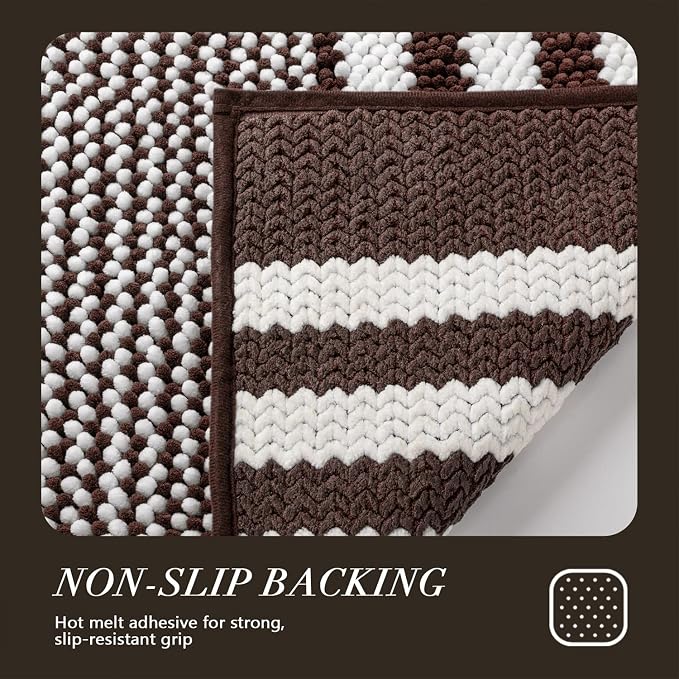 Large Bathroom Rugs Runner, 20x47 Chenille Bath Mats, Coffee | Extra Soft Absorbent, Non Slip Striped, Quick Dry Machine Washable, Modern, Shower Rug for Bathroom Bedroom Decor