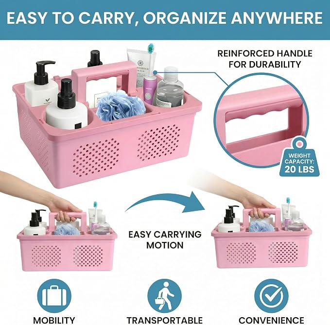 KMV Dorm Room Portable Shower Caddy with Adjustable Compartments - Ventilated Drainage Design with Handles, Perfect Toiletries Organizer for College Dorms-pink