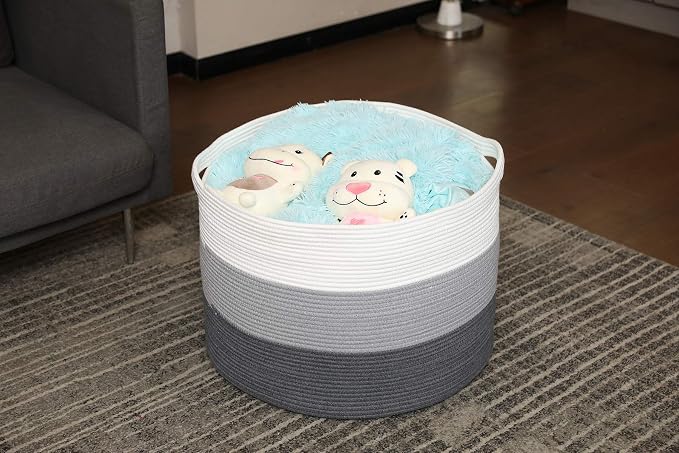24" x 24" x 17" Max Size Large Cotton Rope Basket, Extra Large Storage Basket, Woven Laundry Hamper, Cloth Storage Bin, for Blankets Clothes Towels Pillows in Living Room, Grey/Dark Grey