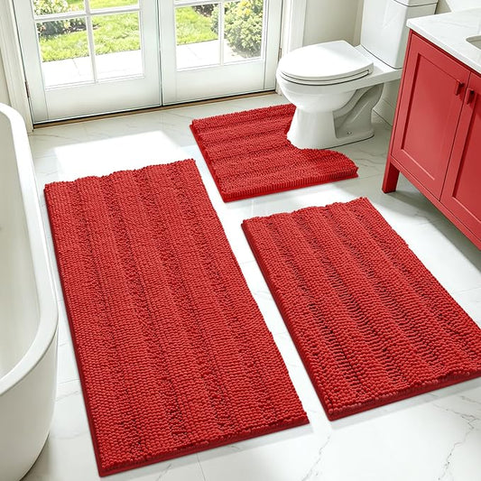 ACCUMTEK Christmas Striped Red Ultra Soft Bathroom Rugs and Mats Set 3 Pieces Bath Mat Set, Thick Chenille Bath Rugs Non Slip Bath Mats for Bathroom, Kitchen, Burgundy