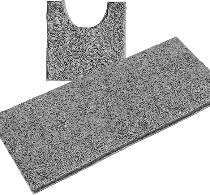 LuxUrux 2-Piece Bathroom Rug Set – Plush Chenille Runner & U-Shaped Toilet Mat, Soft, Absorbent & Non-Slip Design (20x20 U & 27x47 inches, Light Grey)
