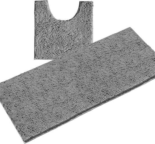 LuxUrux 2-Piece Bathroom Rug Set – Plush Chenille Runner & U-Shaped Toilet Mat, Soft, Absorbent & Non-Slip Design (20x20 U & 27x47 inches, Light Grey)
