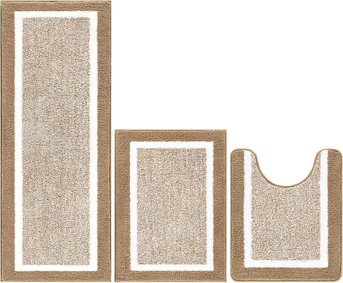 Pauwer Bathroom Rug Sets 3 Piece, Non Slip Washable Bath Mat, Khaki | Soft Plush Microfiber, Super Absorbent Floor Carpet, U Shaped Toilet Mats, Quick Dry, Shaggy Shower Rugs Runners