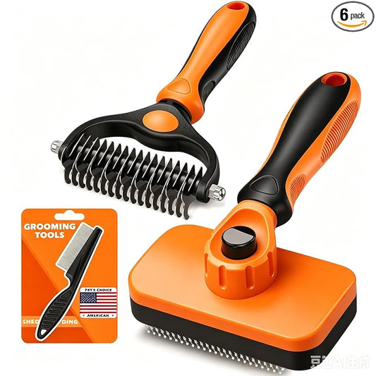 Professional 3PCS Self Cleaning Slicker Brush & Pet Grooming Rake & Flea Comb for Dogs,Cats and Horses | Double-Sided Dematting Comb & Skin Friendly Deshedding Grooming Tool | Pet Supplies (Orange)