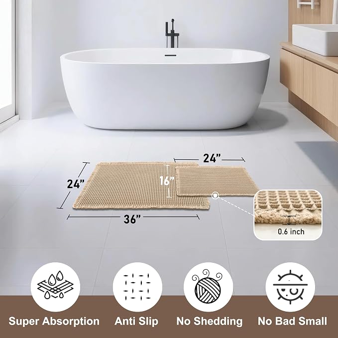 JIUZHEN Set of 2 Waffle Bathroom Rugs Boho Bath Mats 16"x24"+24"x36" Brown | Non Slip, Super Absorbent, Washable, Ultra Soft, Fast Drying Waffle Bathroom Rugs for Bathroom Floor, Tub, Shower