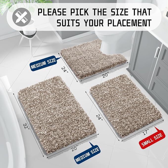 Yimobra Fluffy Bathroom Toilet Rug Set, 32x20+24x20, Light Brown and White | Soft Absorbent Microfiber Bath Mat Set, Non Slip, Machine Washable Quick Dry, Plush Shaggy Shower Rugs for Bathroom Floor