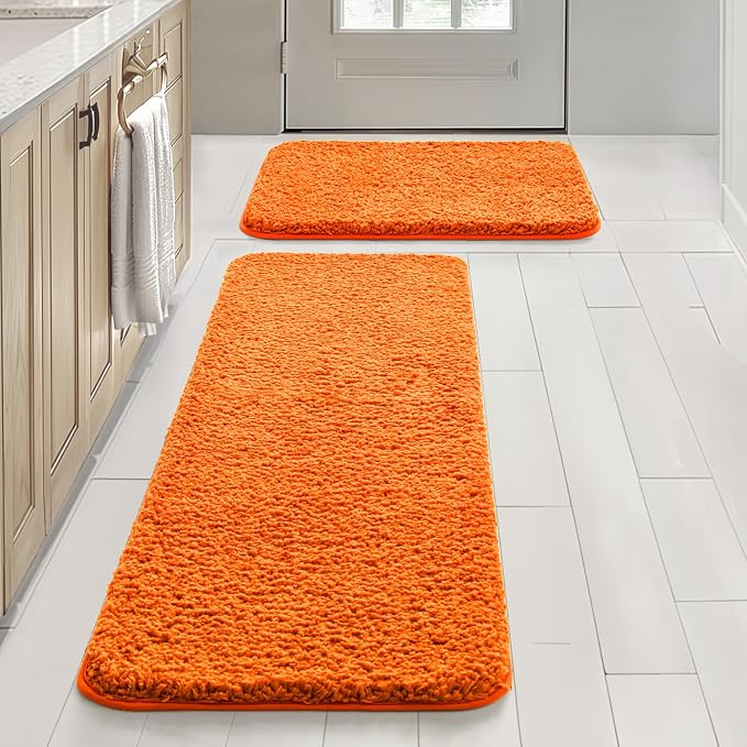 MIULEE Fall Orange Bathroom Rugs Set 2 Piece Soft Bath Mats 16x24+16x48 in | Soft Absorbent Microfiber Bath Rugs, Non Slip, Quick Dry, Fluffy Bath Rugs for Bathroom Floor Tub Showers, Machine Washable