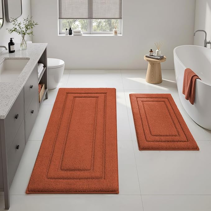 HOMEIDEAS Bathroom Rugs Sets 2 Piece, Extra Long Bath Mat Burnt Orange | Super Soft and Absorbent Non Slip Microfiber Bath Rug，Machine Washable, for Bathroom, 20" x 47" + 16" x 24"