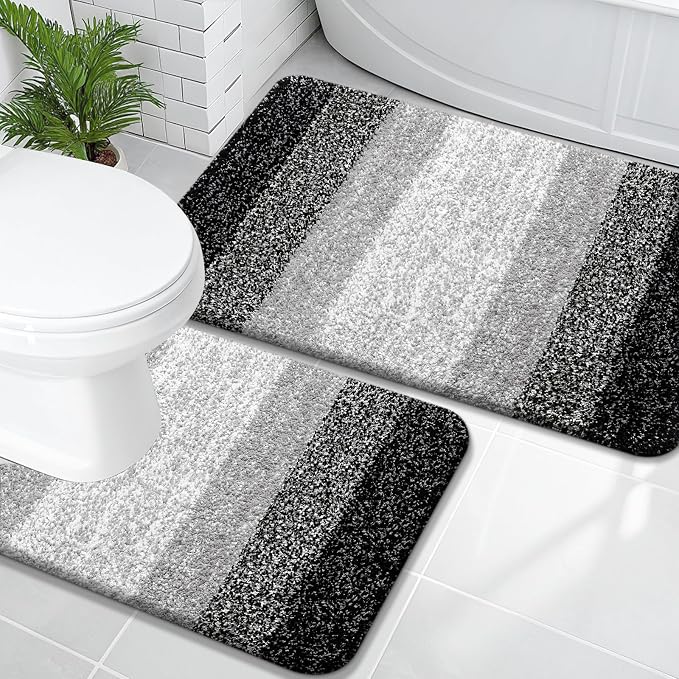 OLANLY Micorfiber Bathroom Rug Set 2 Piece, 36"x24"+U-Shaped 24"x20" | Balck, Soft Absorbent Bath Mats and Contour Toilet Rug, Non-Slip, Machine Wash Dry, Plush Shaggy Bath Mats for Bathroom