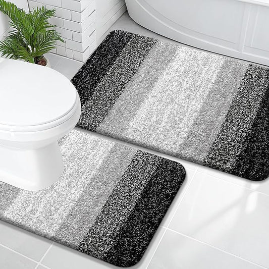 OLANLY Micorfiber Bathroom Rug Set 2 Piece, 36"x24"+U-Shaped 24"x20" | Balck, Soft Absorbent Bath Mats and Contour Toilet Rug, Non-Slip, Machine Wash Dry, Plush Shaggy Bath Mats for Bathroom