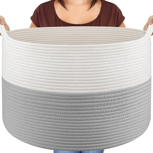 XXXLarge Blanket Basket Living Room - 22" x 22" x 14" Cotton Rope Baskets for Storage - Large Woven Basket for Toys, Towels, Pillows, Clothes- Rope Laundry Basket with Handles - Nursery Hamper Bin