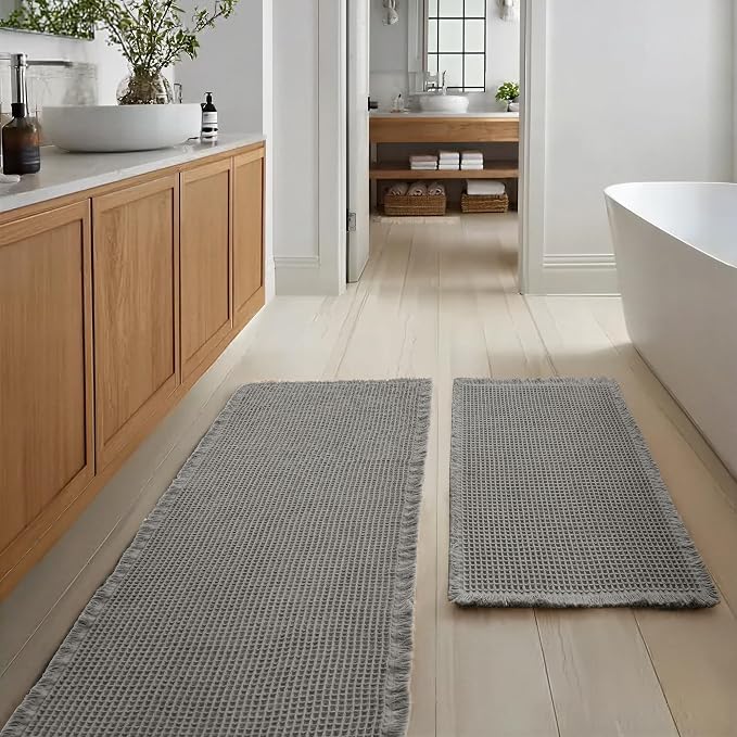 JIUZHEN Set of 2 Waffle Bath Mats Boho Bathroom Runner Rug 20"x32"+24"x60" | Grey, Non Slip, Super Absorbent, Washable, Ultra Soft, Fast Drying Bath Rug and Bathroom Runner for Kitchen Hallway Laundry