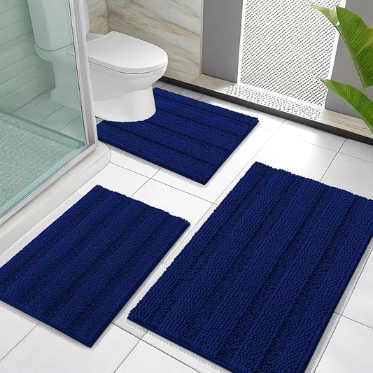 OLANLY Thick Chenille Bathroom Rugs Sets 3 Piece, 30"x20"+24"x16"+24"x20" | Navy, Absorbent Striped Bath Mats and U-Shaped Contour Toilet Rug, Home Decor Accessories, Bath Mat Set for Bathroom