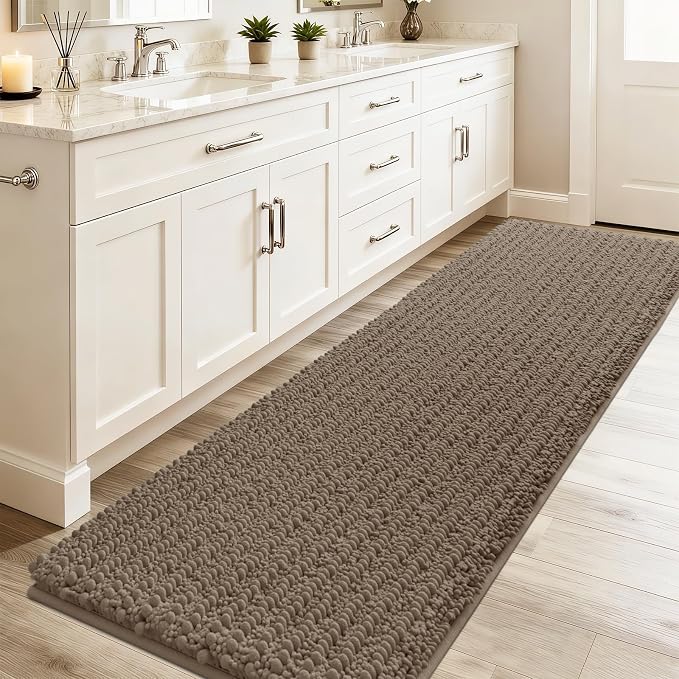 ACCUMTEK Upgrade Luxury Dark Beige Bathroom Rug Mat 59"x20", Ultra Soft Thick Absorbent Bath Mats, Non Slip Chenille Toilet Mat for Bathroom, Bedroom, Kitchen, Shower, Tub, Taupe
