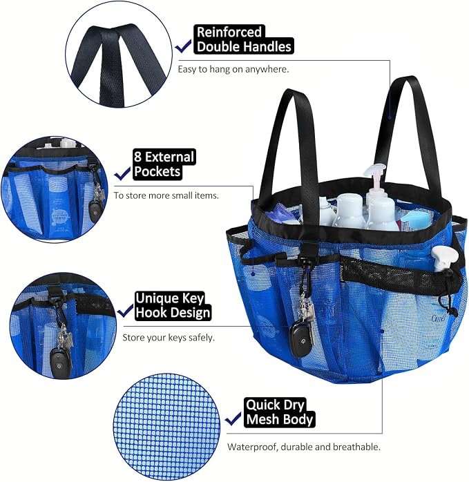 Moyad Large Mesh Shower Caddy Bag for College Dorm Room Essentials with 8 Pockets, Hanging Portable Shower Tote Bag Travel Shower Caddy Basket Toiletry Accessories for Bathroom, Klein Blue