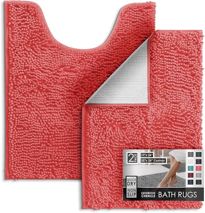Hearth & Harbor Bathroom Rugs, Chenille Bath Mat - Machine Washable Bath Mats for Bathroom Non-Slip Backing Rubber, Quick Dry Bathroom Mat - Rose 17x24-20x24