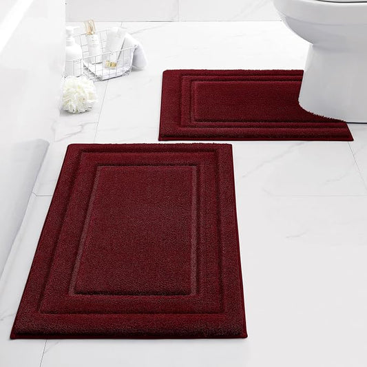 HOMEIDEAS Bathroom Rugs Sets 2 Piece, Super Soft and Absorbent Non Slip Microfiber U-Shaped Toilet Bath Mat Set (20"x32"+U20 x24, Burgundy Red) | Super Soft and Absorbent Non Slip Microfiber Bath Rug，Machine Washable, for Bathroom, 20"x32"+U Shape 20"x24"