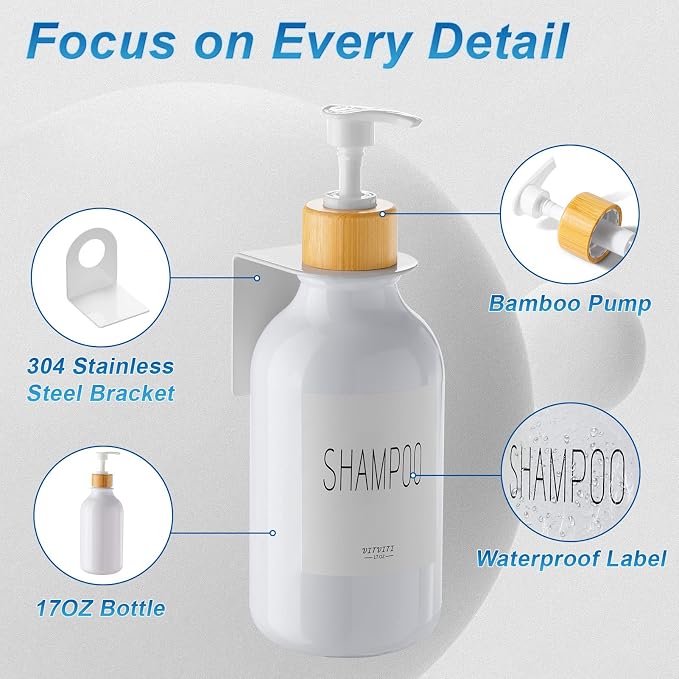 VITVITI Shampoo and Conditioner Dispenser 3 Chamber for Shower Wall, White | Refillable Body Wash Shower Soap Dispenser Wall Mounted, Drill Free 17oz Plastic Shower Bottles for Bathroom, Set of 3