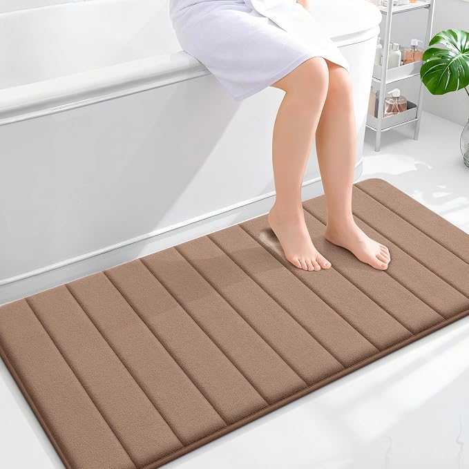 OLANLY Memory Foam Long Bathroom Rugs Runner 47x24, Super Soft Absorbent | Mocha, Quick Dry Bath Mat, Machine Washable Shower Floor Rugs, Bathmat Carpet for Bathroom Floor, Tub and Shower