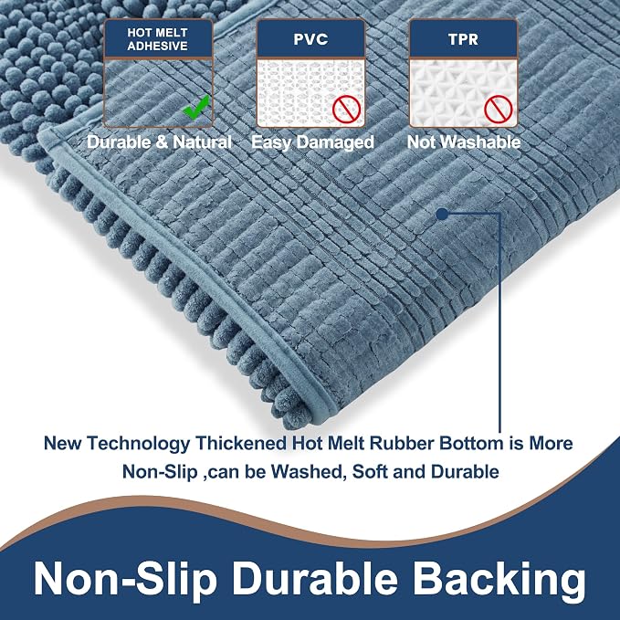 Non Slip Thick Shaggy Chenille Bathroom Rug Sets 2 Piece, Thickened Hot Melt Rubber Bottom Bath Mats for Bathroom, Bath Rugs Quick Dry Machine Washable for Shower (Dusty Blue, 32"x20" Plus 17"x24")