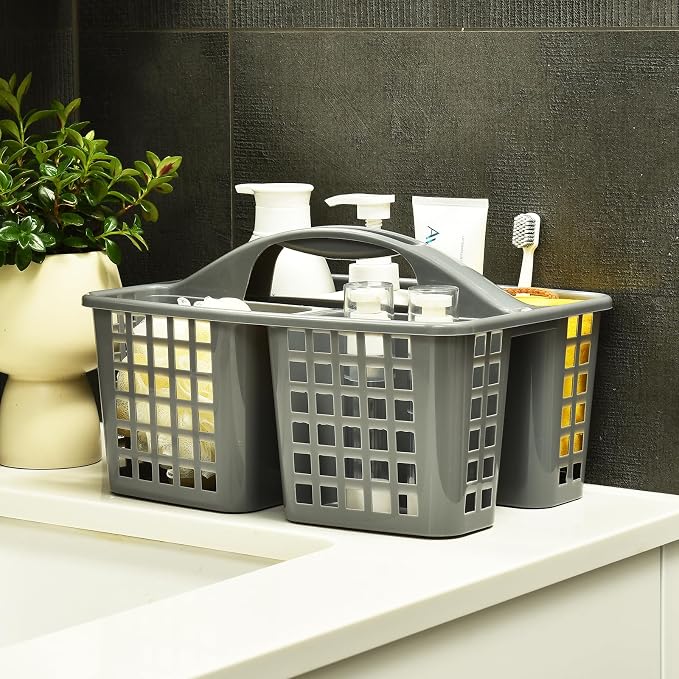 ALINK Plastic Shower Caddy Basket with Compartments, Portable Divided Cleaning Supply Storage Organizer with Handle for College Dorm Bathroom - Gray