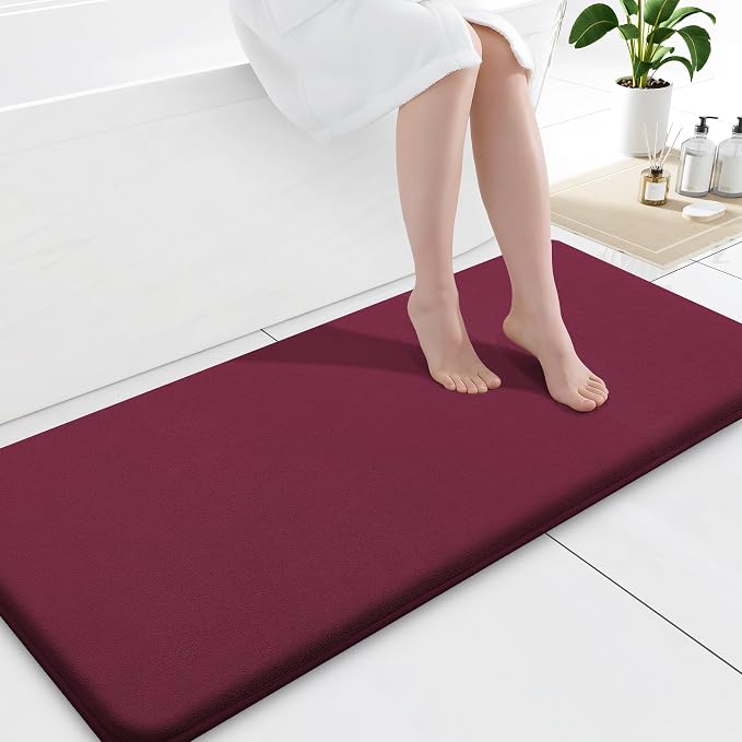 Smiry Memory Foam Bath Mat 47x17, Extra Soft and Absorbent Bathroom Rugs | Burgundy, Quick Dry Machine Washable Non-Slip Bath Mat for Bathroom Floor, Shower and Tub