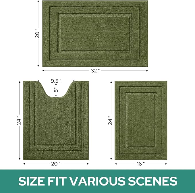 HOMEIDEAS Olive Green Bathroom Rugs Set of 3, Non Slip Bath Mats | Super Absorbent, Plush Microfiber, Machine Washable, Stain Resistant, Easy Care, Perfect for Modern Bathroom Decor