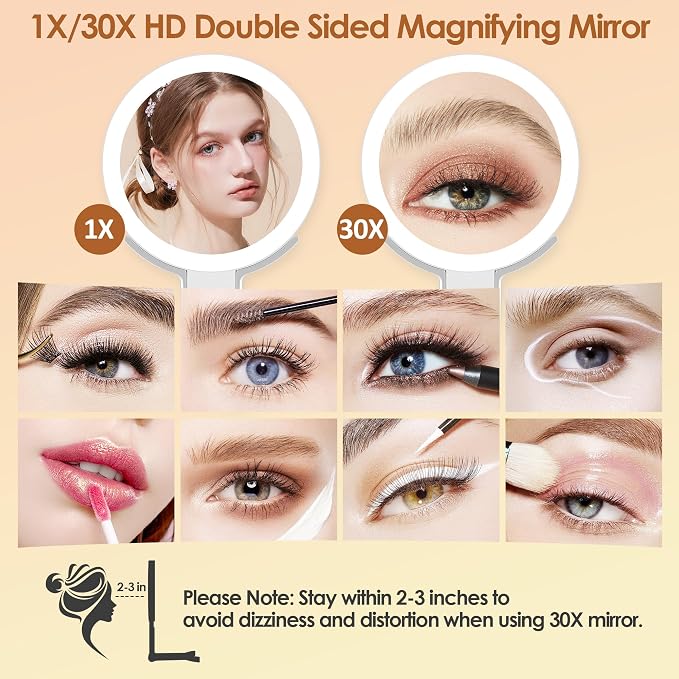 MIYADIVA Travel Makeup Mirror with Lights, Height Adjustable 30X/1X Double-Sided Magnifying Mirror, Portable Vanity Mirror with Phone Holder, Handheld Tabletop Hanging, White