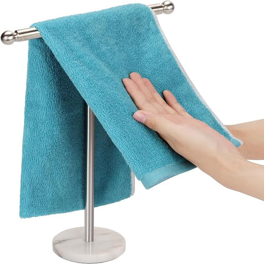 Kalitro Towel Rack with Heavy Marble Base, Free Standing Hand Towel Holder Stand for Bathroom Stainless Steel T-Shape Brushed Nickel