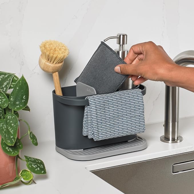 ReBorn Recycled Sink Organizer, Kitchen Sink Organizer, Two Main Compartments, Integrated Dish Cloth Rail, Ribbed and Sloped Base for Draining, Would Made in UK (Dark Grey)