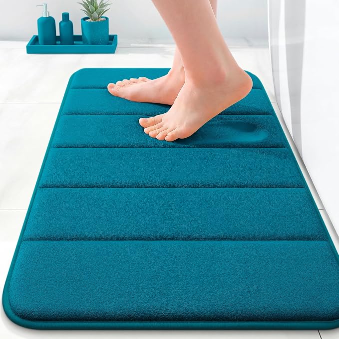 OLANLY Memory Foam Bath Mat 35x16, Super Soft and Absorbent Bathroom Rugs | Peacock Blue, Quick Dry Bath Rug, Machine Washable Shower Floor Mats, Bathmat Carpet for Bathroom Floor, Tub and Shower