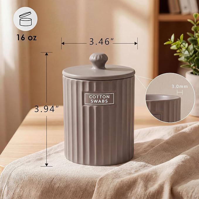 Ronasip Ceramic Bathroom Organizer and Storage Jars with Lid, 2 Pack Qtip Holder and Cotton Pad Dispenser, Apothecary Canisters for Vanity, Kitchen Countertop, Home Decor (2, Gray)