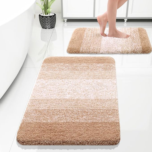 OLANLY Micorfiber Bathroom Rug Set 2 Piece, 30"x20"+24"x16" | Beige, Soft Absorbent Bath Rug Set, Non-Slip, Machine Wash Dry, Plush Shaggy Bath Mats for Bathroom