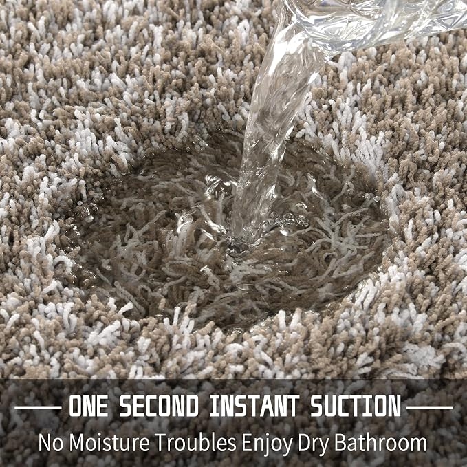 Yimobra Fluffy Bathroom Toilet Rug Set, 32x20+24x20, Light Brown and White | Soft Absorbent Microfiber Bath Mat Set, Non Slip, Machine Washable Quick Dry, Plush Shaggy Shower Rugs for Bathroom Floor