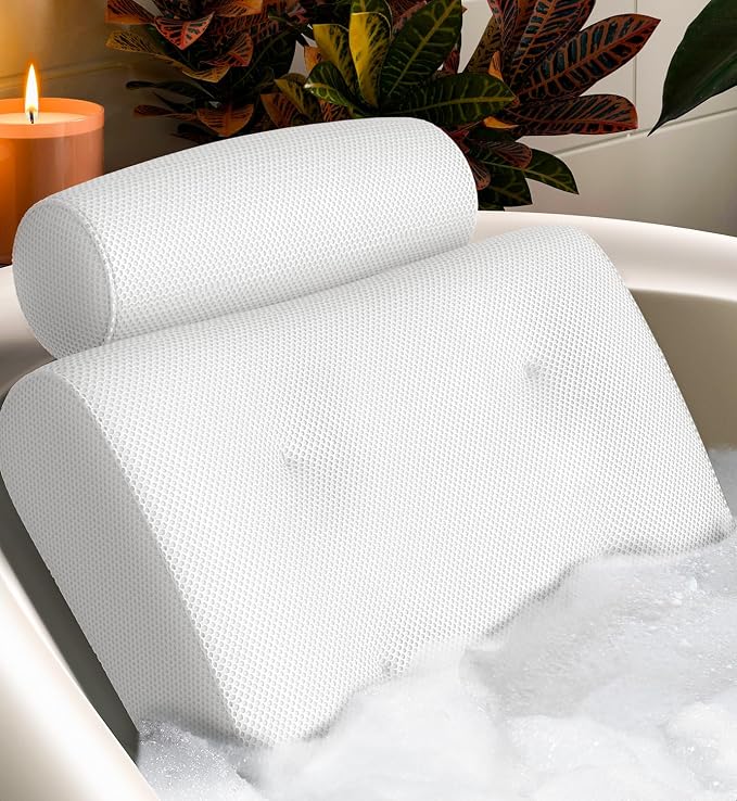 Everlasting Comfort Luxury Bath Pillow for Tub – Quick-Dry 4D Mesh – White | Head/Neck/Back Support, Non-Slip Suction Cups, Machine Washable, Drying Hook, Bath/Spa/Jacuzzi Essentials