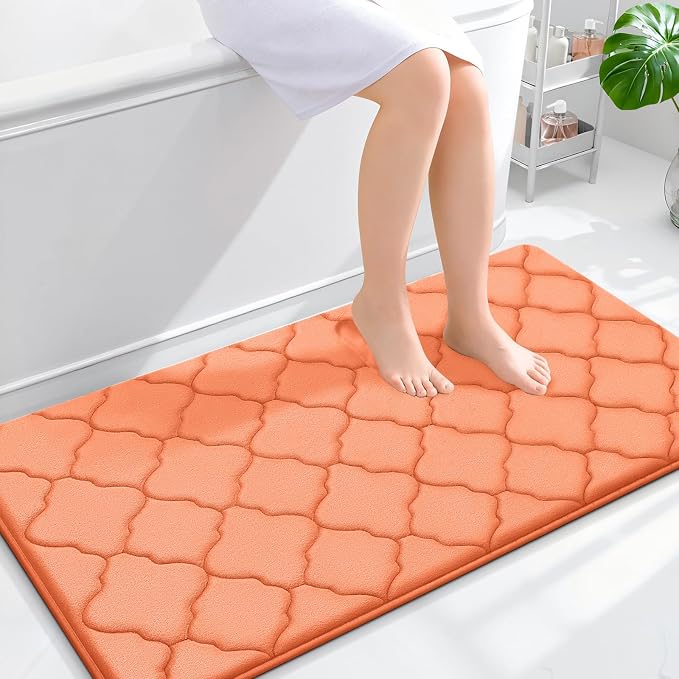 OLANLY Memory Foam Bath Mat Rug 44x24, Ultra Soft Bathroom Rugs, Peach | Thick Absorbent Carpet, Non-Slip Backing, Machine Washable, for Bathroom Floor, Tub, Shower and Home Decor Accessories