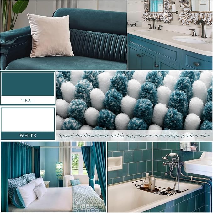 Bathroom Rugs Sets 2 Piece, Non Slip Striped Bath Mats, Teal | 20"x60" Plus 20"x32", Soft Absorbent Chenille, Quick Dry Machine Washable, Shower Rug for Bathroom Floor, Tub, Bedroom Decor