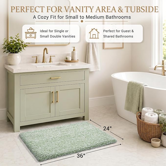 Yimobra Light Green and White Bathroom Rugs Non Slip Washable 36X24, Ultra Soft and Water Absorbent Bath Mats, Plush Fluffy Shower Mat Outside, Luxury Microfiber Thick Matts for Bathroom Floor/Tub