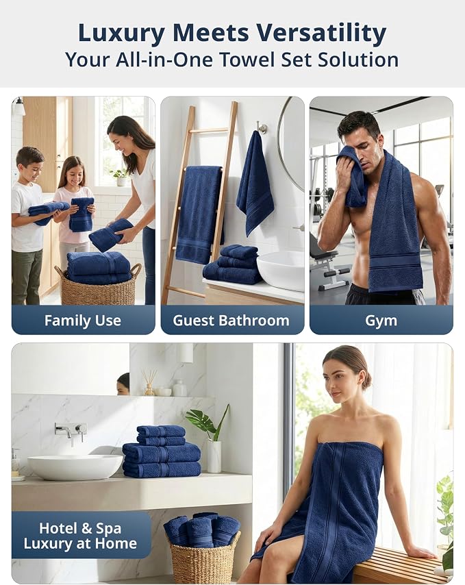 LANE LINEN Towel Set 12 Piece Soft Absorbent Quick Dry 100% Cotton - Navy | Towel Pack - Terry Weave Comfort, Long-Lasting Comfort, Hotel-Style Look, Gets Softer With Every Wash, Machine Washable
