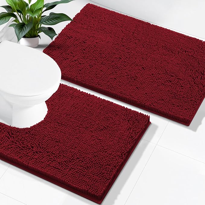 Smiry Chenille Bathroom Rugs Sets 2 Piece (24x16+ U Shape 24x20, Red) | Soft Absorbent Machine Washable Non Slip Shaggy Bath Rug Set for Tub, Shower, and Floor, Home Decor