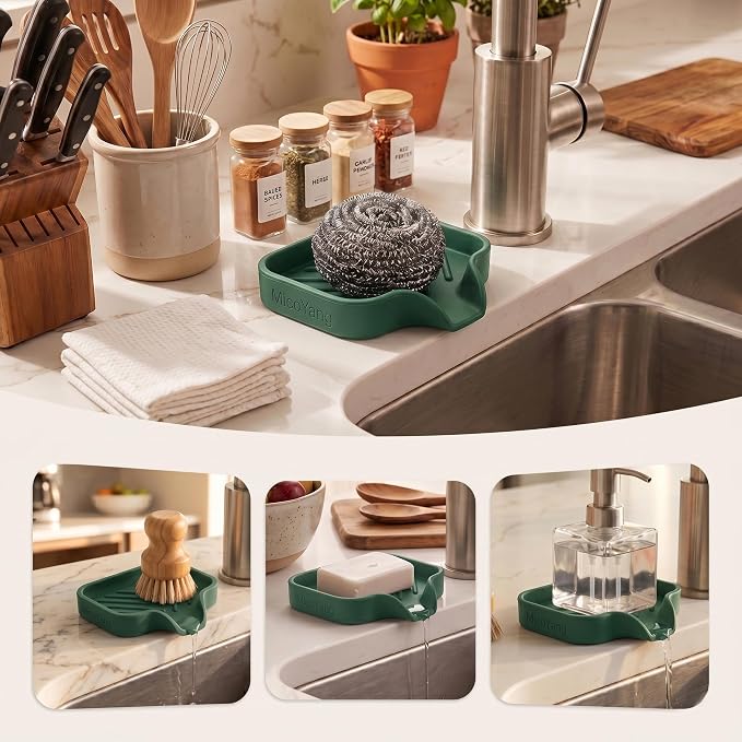 MicoYang Silicone Soap Dish with Drain Spout, Self-Draining Sink Organizer Tray for Bathroom and Kitchen, Sponges, Dispensers and Soap Holder, Non-Slip and Dishwasher Safe, Green (Compact, 4.9"×3.2")