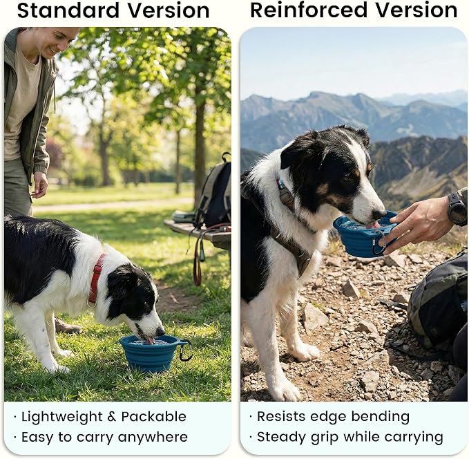 Large Collapsible Dog Bowls, Steel Rim, 27oz, 2pcs, Dark&Light Blue | Portable Pet Water&Food Bowl, BPA-Free Silicone, Foldable, Hiking&Camping Travel Gear, Stable Shape, Easy-Clean