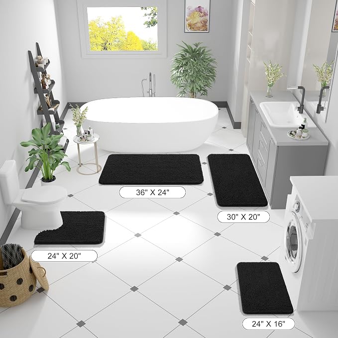 OLANLY Large Bathroom Rugs 50x30, Extra Soft Absorbent Chenille Bath Rugs | Black, Quick-Drying Rubber Backing, Machine Washable Bath Mat for Bathroom Floor, Tub and Shower, Home Decor Accessories