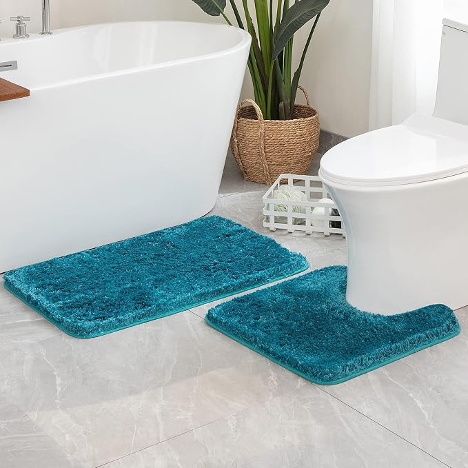 MIULEE Teal Bathroom Rugs Set 2 Piece Soft Bath Mats 20x20+16x24 Inch | Absorbent Microfiber Bath Mat and U-Shaped Toilet Rug, Non Slip, Quick Dry, for Bathroom Floor Tub Showers, Machine Washable