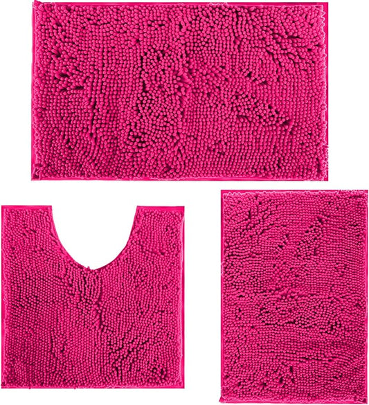 Deep Pink Plush Bath Set - 3 Piece Anti-Slip Mats, Soft Chenille Shaggy Mat for Bathroom, Bedroom & Living Room, Water Absorbent