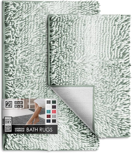 Hearth & Harbor Bathroom Rugs, Chenille Bath Mat - Machine Washable Bath Mats for Bathroom Non-Slip Backing Rubber, Quick Dry Bathroom Mat, 17 x 24 + 20 x 32 - Ombre Green