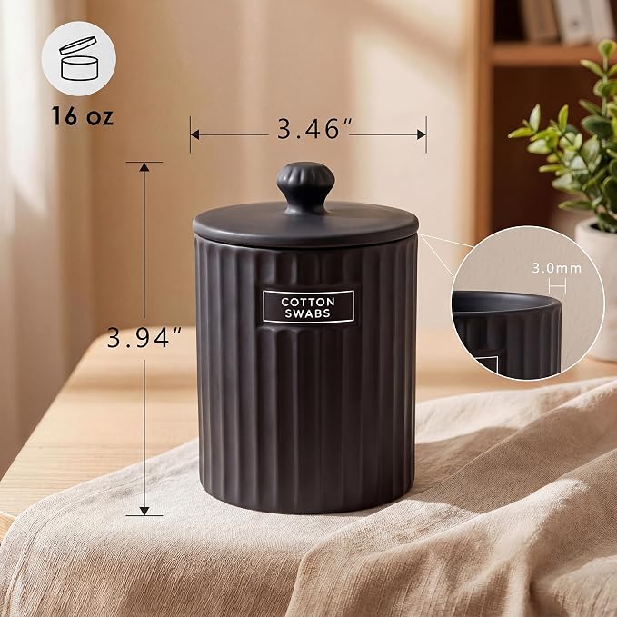 Ronasip Ceramic Bathroom Organizer and Storage Jars with Lid, 2 Pack Qtip Holder and Cotton Pad Dispenser, Apothecary Canisters for Vanity, Kitchen Countertop, Home Decor (2, Black)