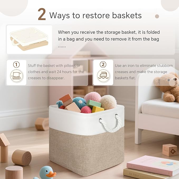 FinishingBo Fabric Cubes Storage Basket, 6 Pack 11x11 inch with Handles Cube Storage Bins, for Shelves, Home, Office Organizers (White/Khaki)